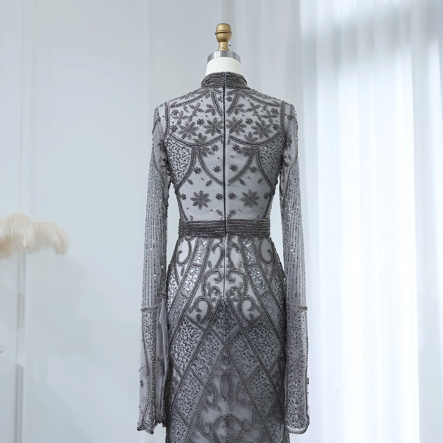 Luxury Beaded Gray Evening Dress with Flare Long Sleeves SS204