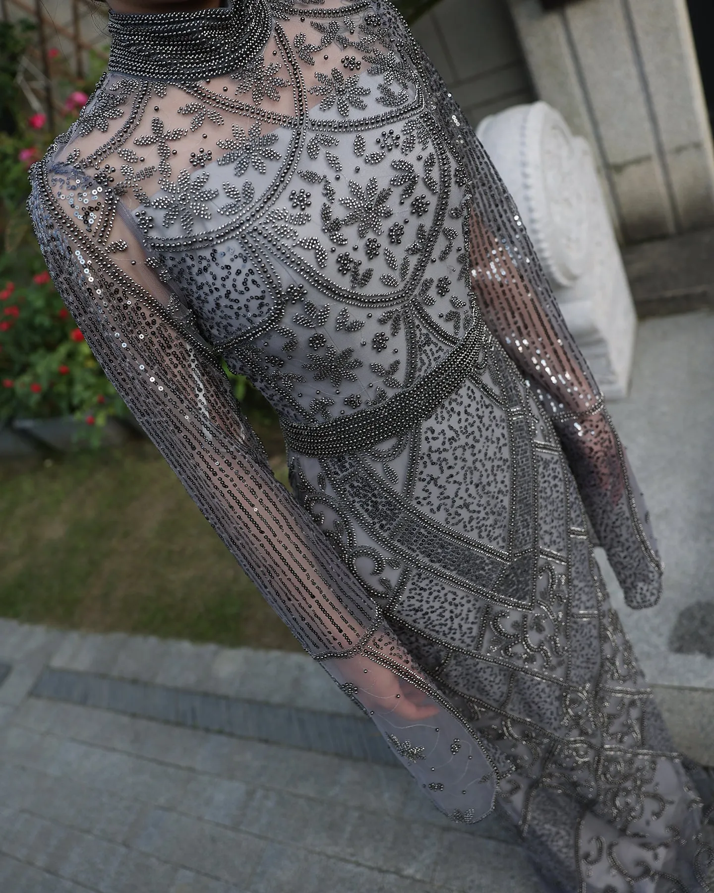 Luxury Beaded Gray Evening Dress with Flare Long Sleeves SS204