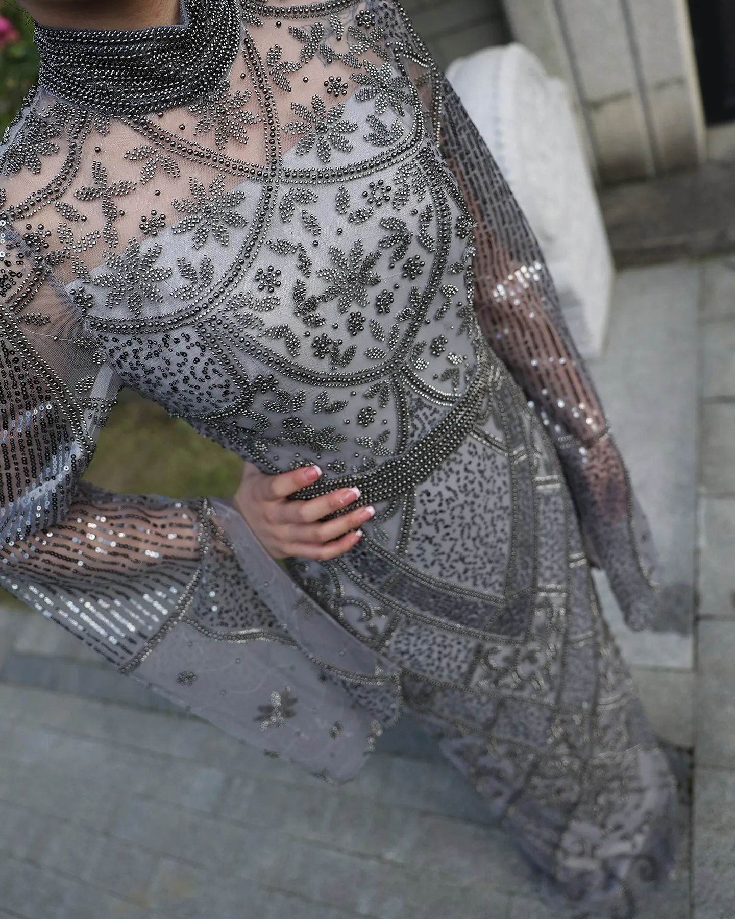 Luxury Beaded Gray Evening Dress with Flare Long Sleeves SS204
