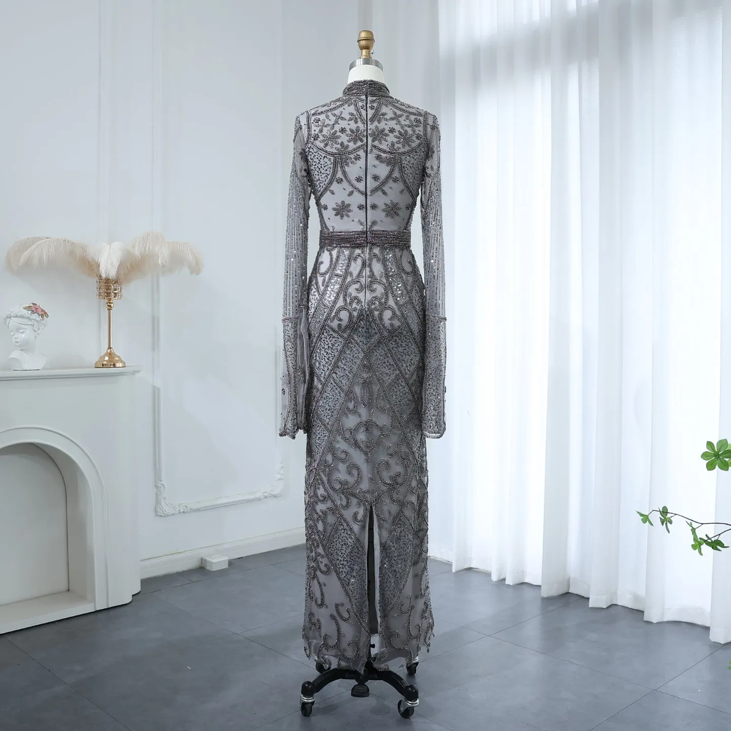 Luxury Beaded Gray Evening Dress with Flare Long Sleeves SS204