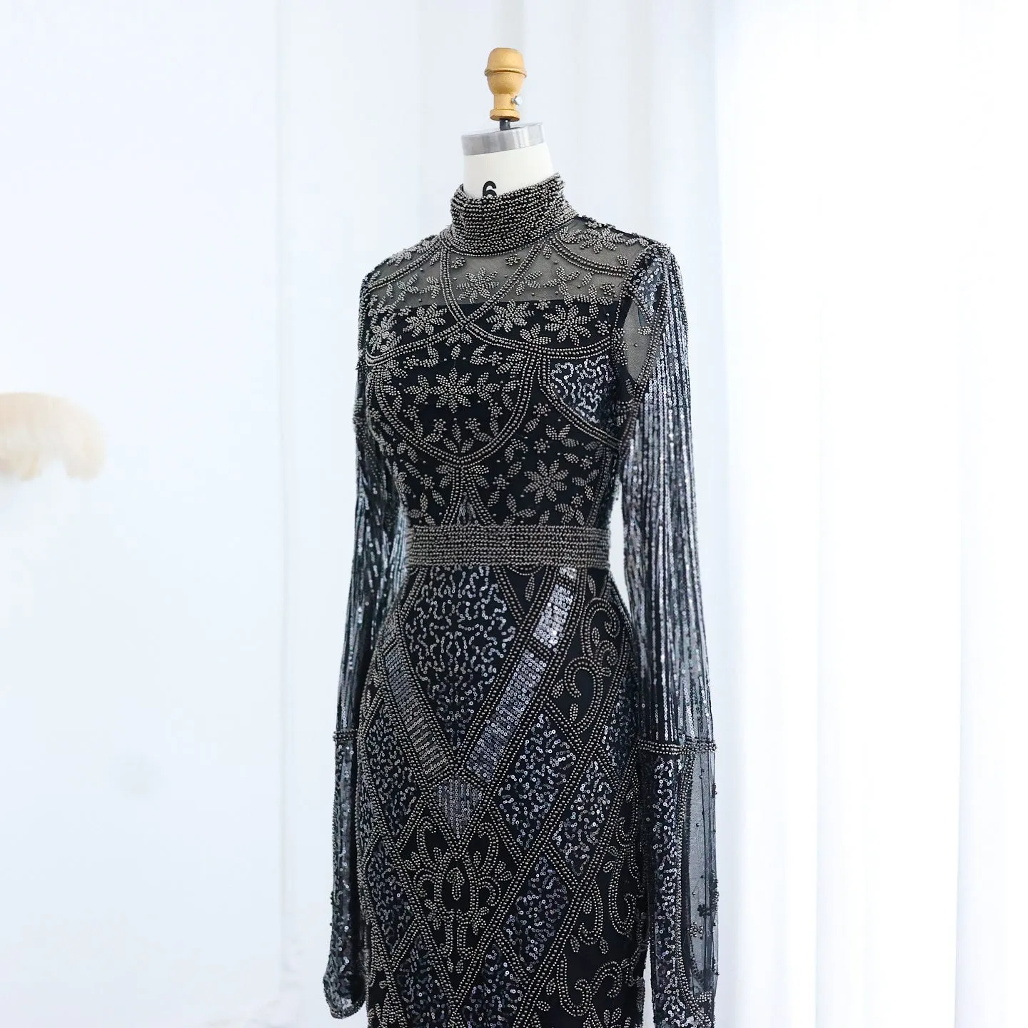 Luxury Beaded Gray Evening Dress with Flare Long Sleeves SS204