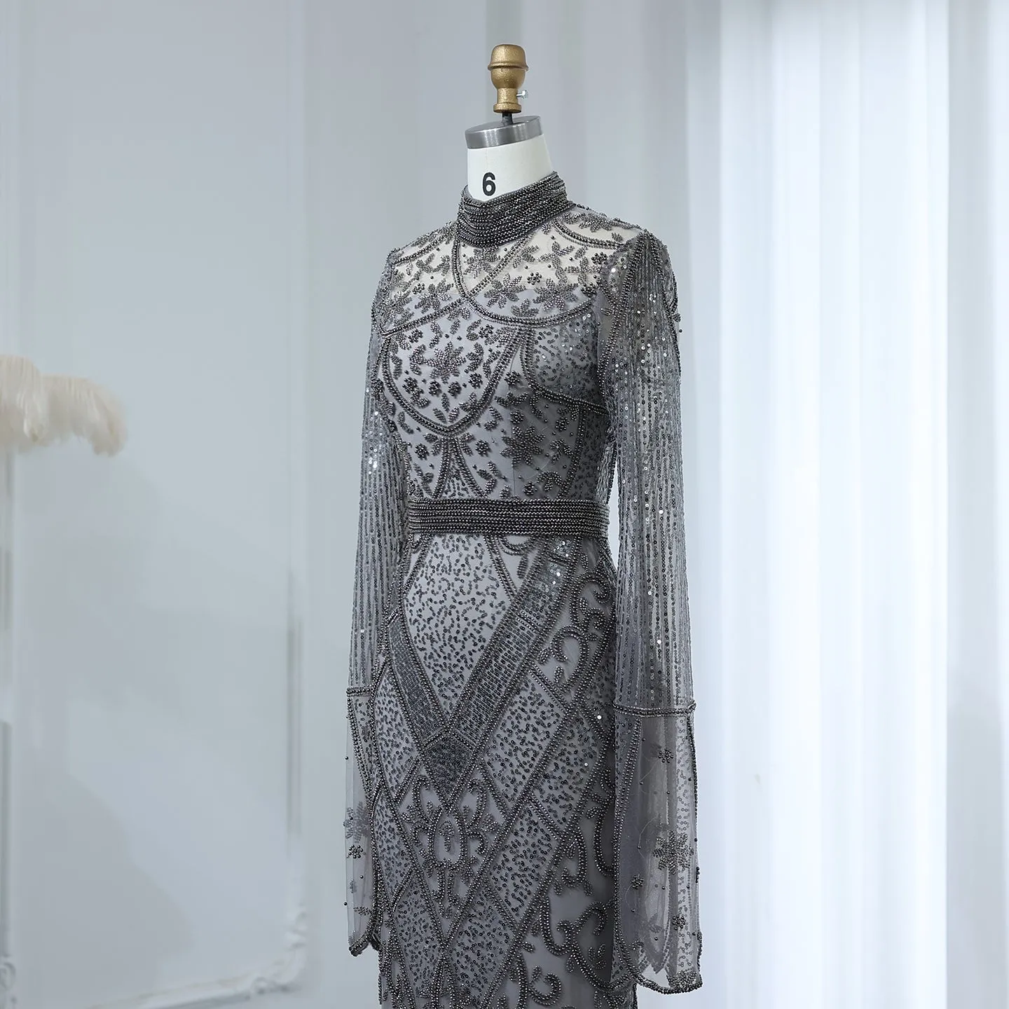 Luxury Beaded Gray Evening Dress with Flare Long Sleeves SS204