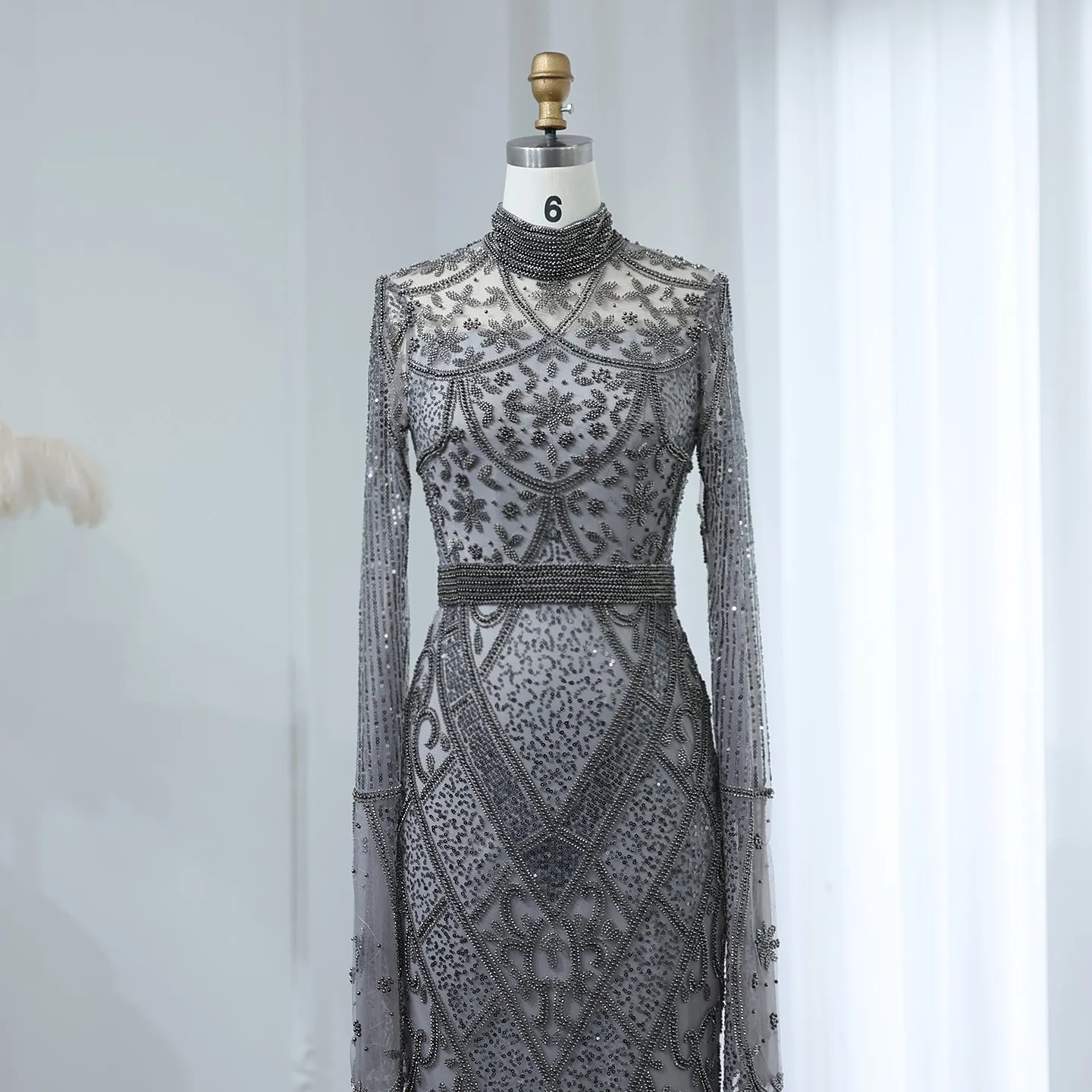 Luxury Beaded Gray Evening Dress with Flare Long Sleeves SS204