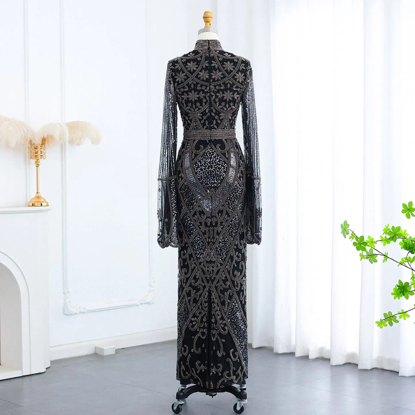 Luxury Beaded Gray Evening Dress with Flare Long Sleeves SS204