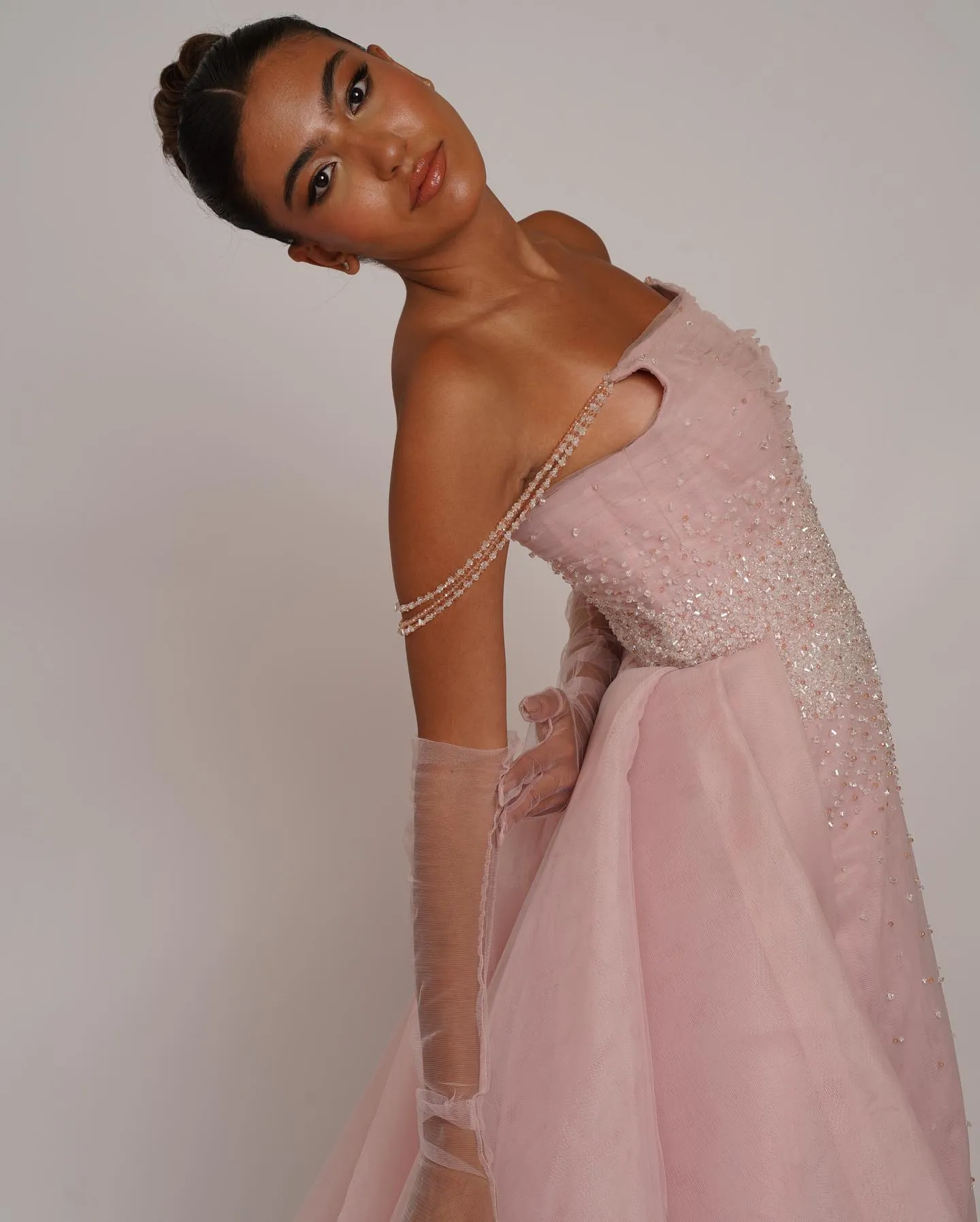 Luxury Beaded Pink Evening Dress with Overskirt Gloves SS429