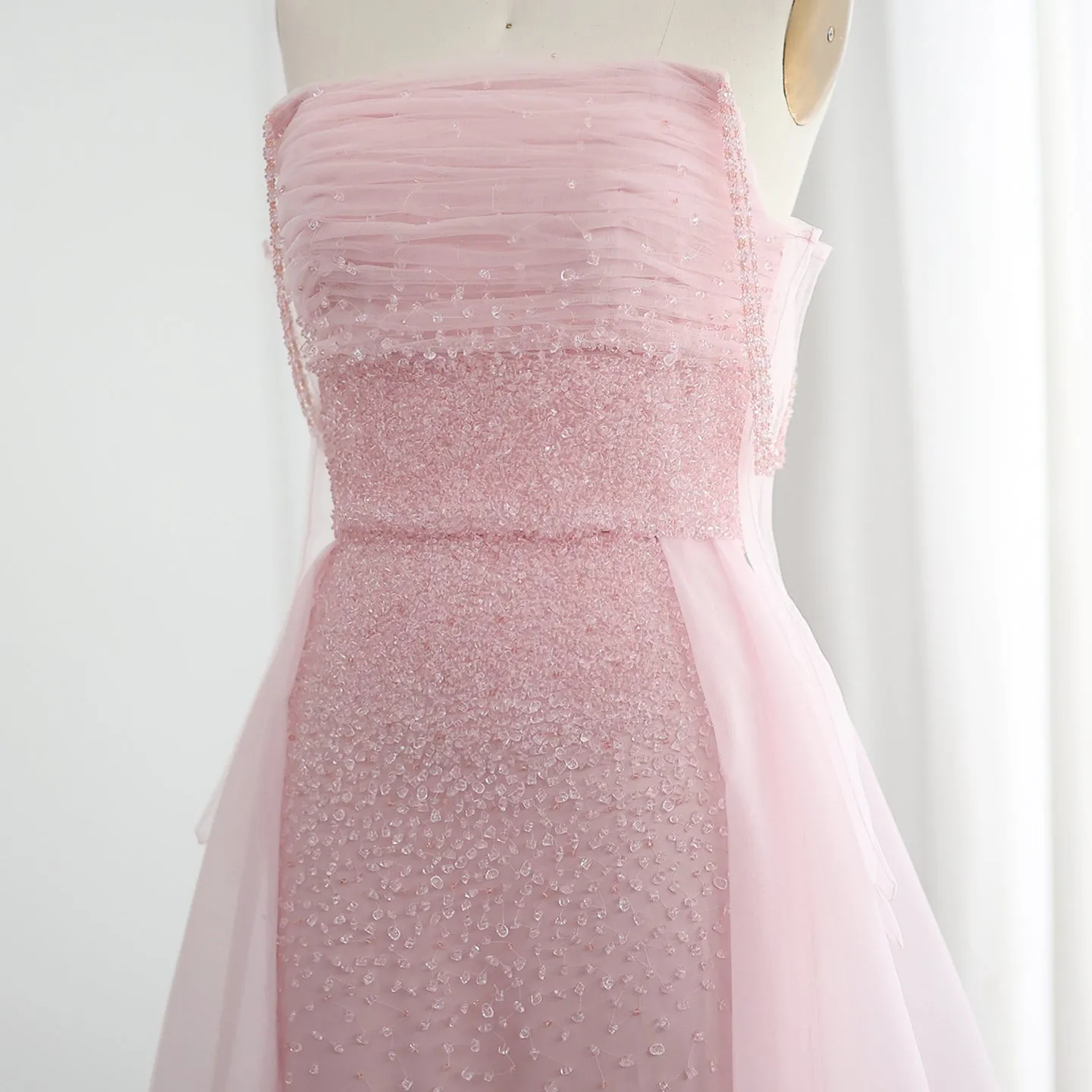 Luxury Beaded Pink Evening Dress with Overskirt Gloves SS429