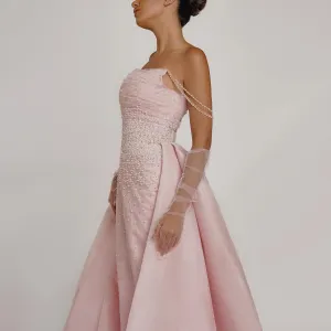 Luxury Beaded Pink Evening Dress with Overskirt Gloves SS429