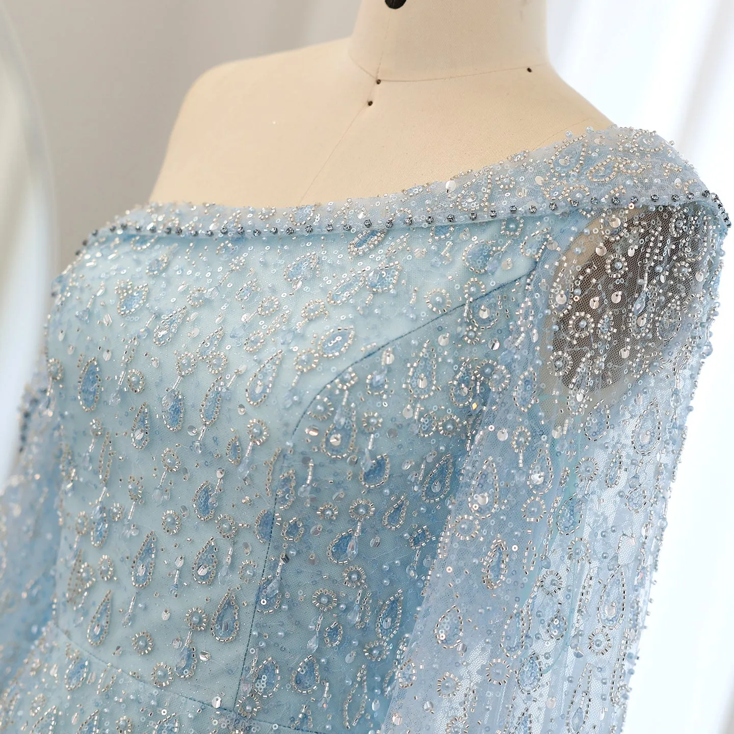 Luxury Feather One Shoulder Evening Dress with Cape Sleeves SS438
