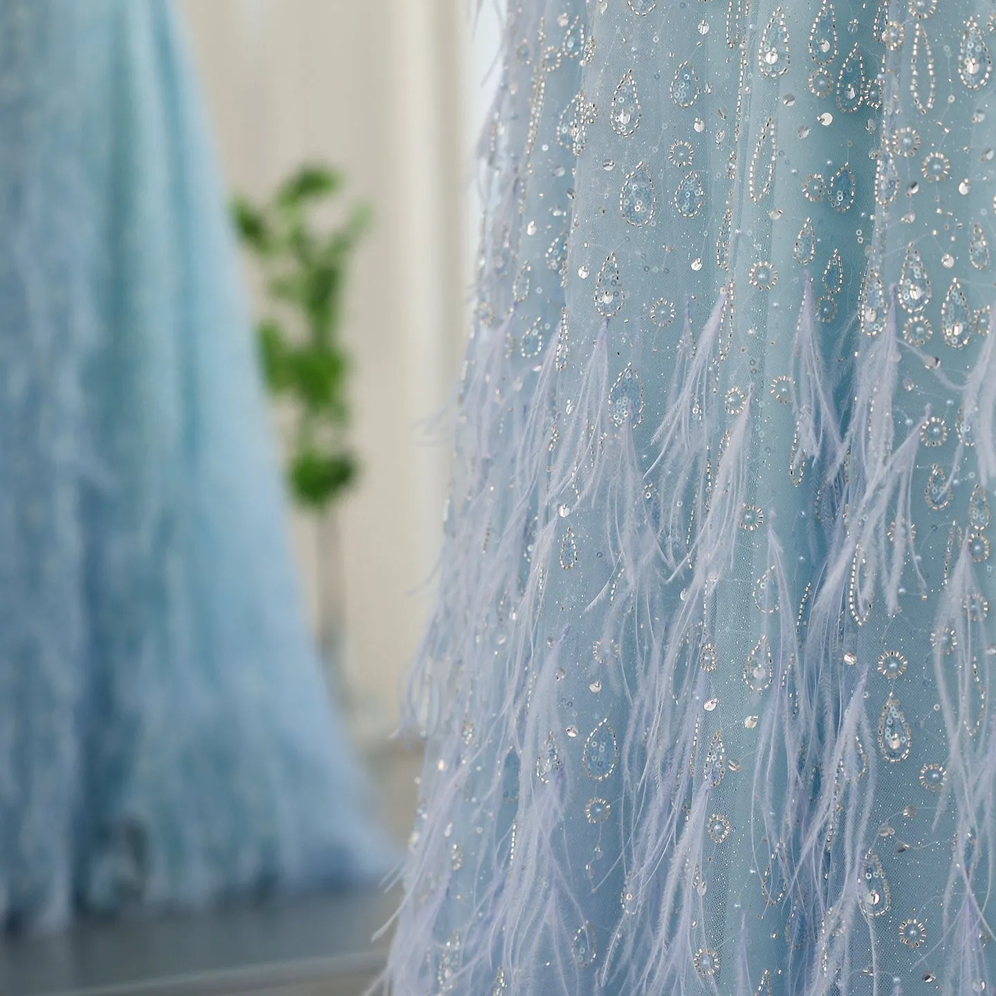 Luxury Feather One Shoulder Evening Dress with Cape Sleeves SS438