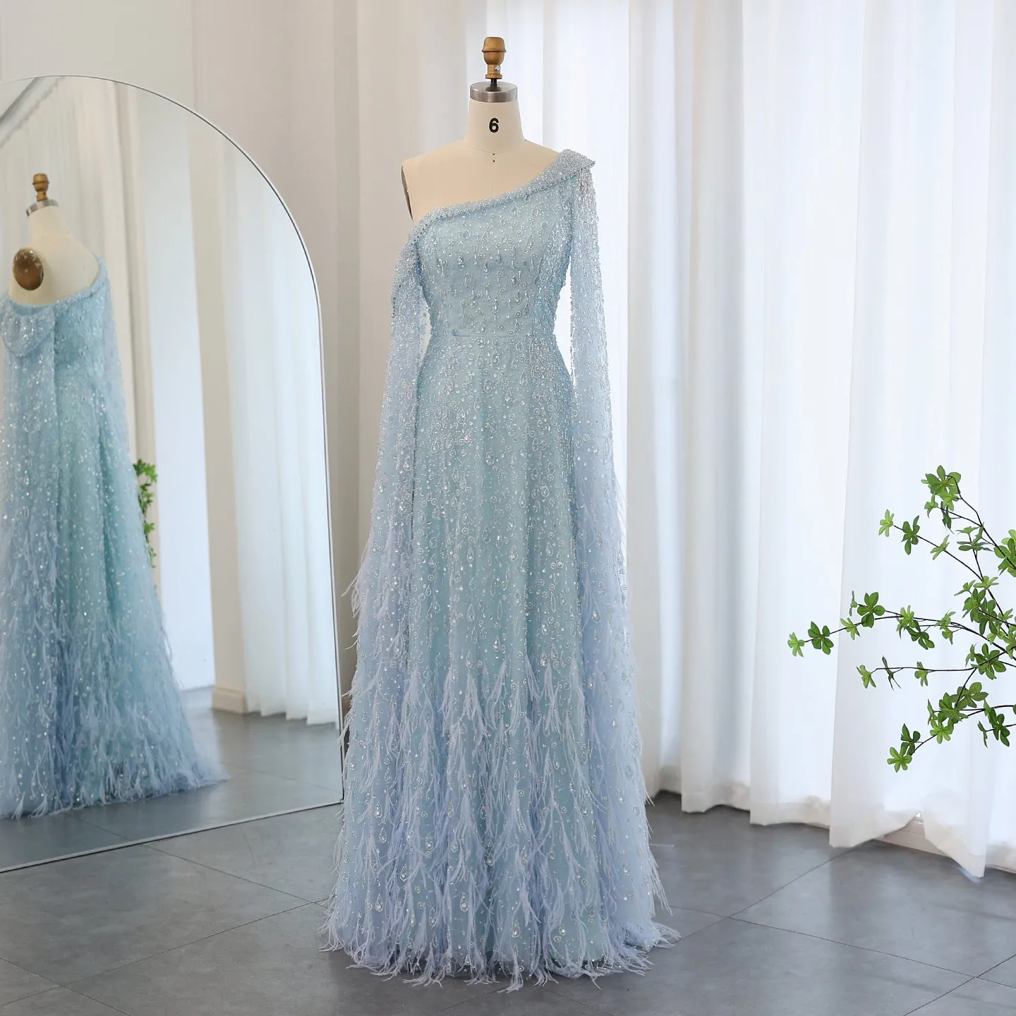 Luxury Feather One Shoulder Evening Dress with Cape Sleeves SS438