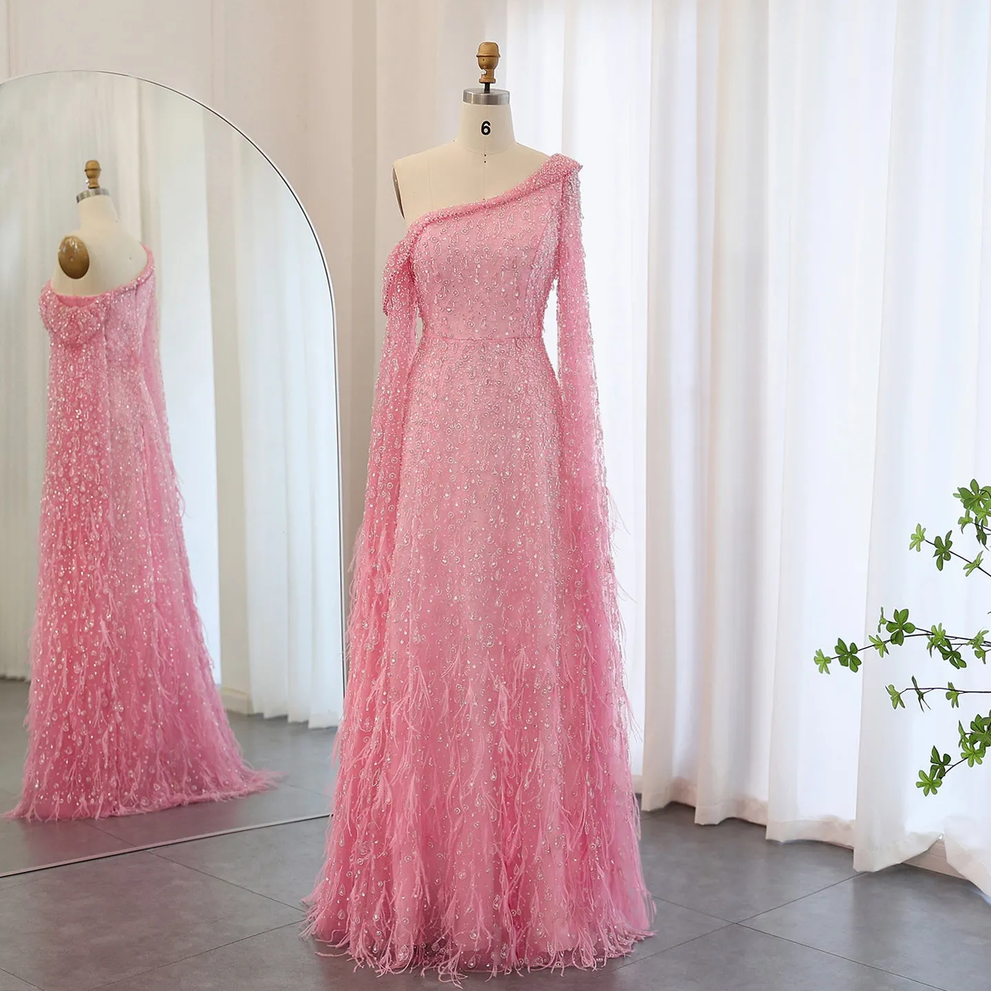 Luxury Feather One Shoulder Evening Dress with Cape Sleeves SS438
