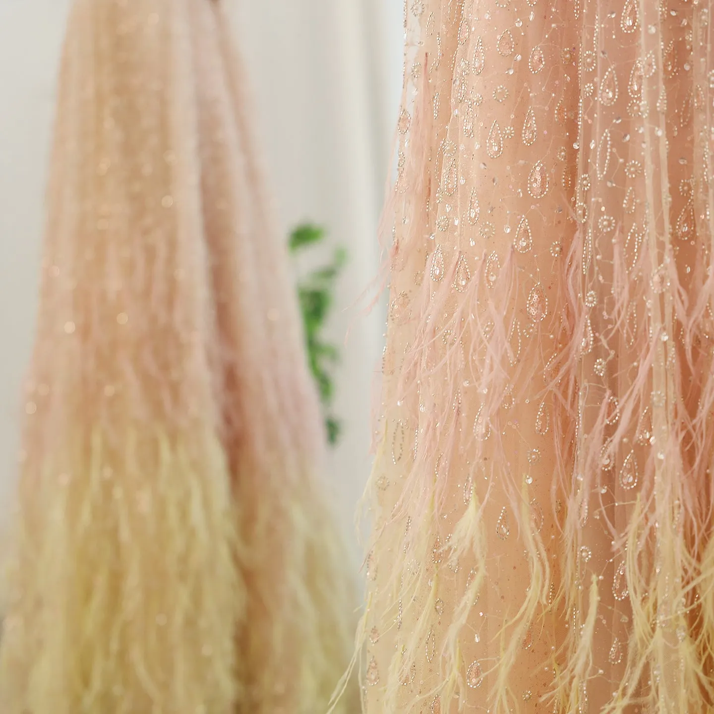 Luxury Feather One Shoulder Evening Dress with Cape Sleeves SS438
