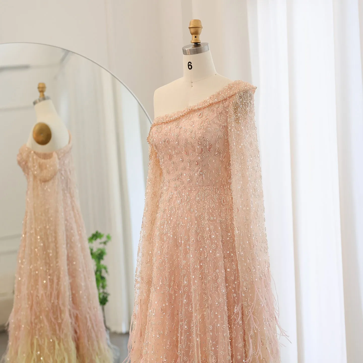 Luxury Feather One Shoulder Evening Dress with Cape Sleeves SS438