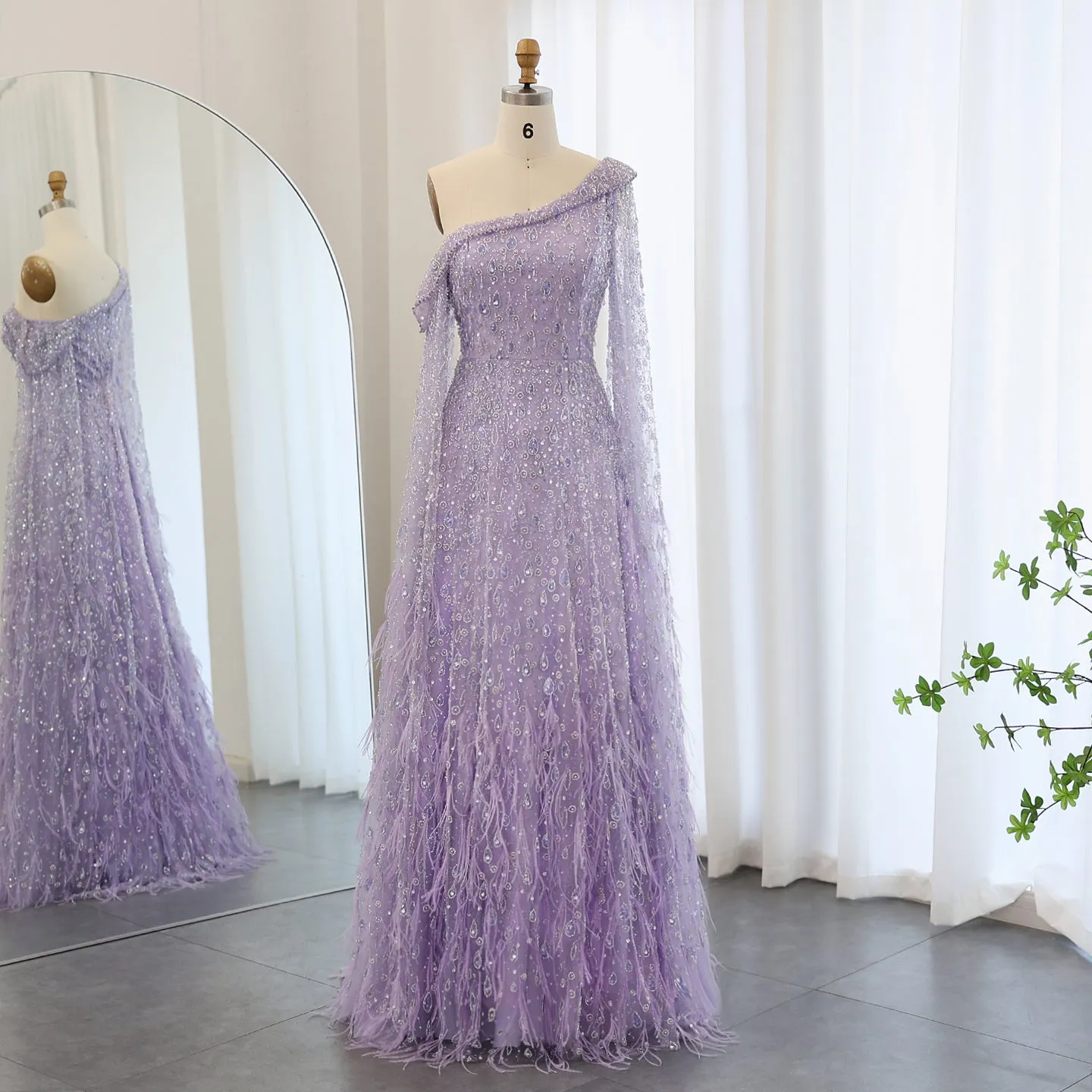Luxury Feather One Shoulder Evening Dress with Cape Sleeves SS438