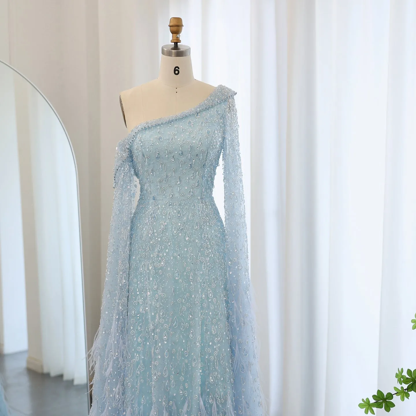 Luxury Feather One Shoulder Evening Dress with Cape Sleeves SS438