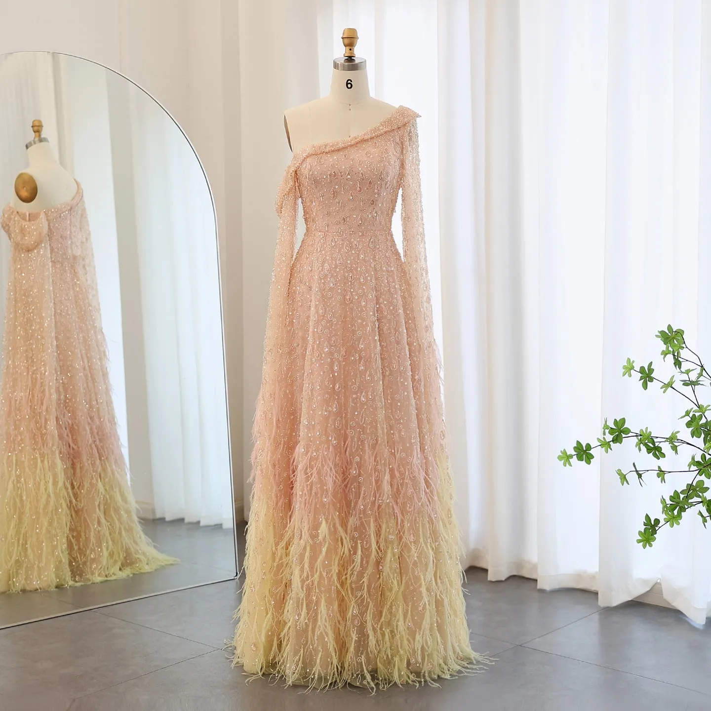 Luxury Feather One Shoulder Evening Dress with Cape Sleeves SS438