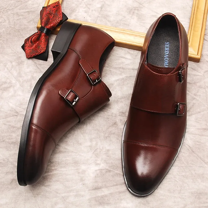 Luxury Men Loafers Shoes Slip On Double Monk Strap Burgundy Black Men Dress Genuine Leather Shoes Wedding Men Casual Oxford Shoe