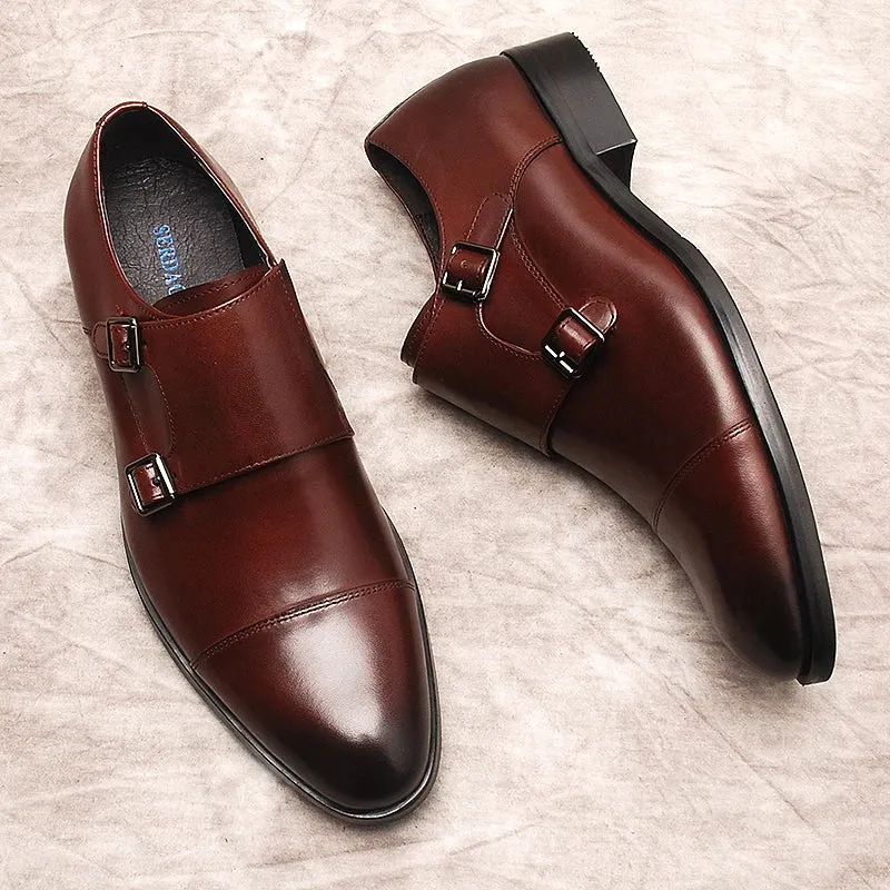 Luxury Men Loafers Shoes Slip On Double Monk Strap Burgundy Black Men Dress Genuine Leather Shoes Wedding Men Casual Oxford Shoe