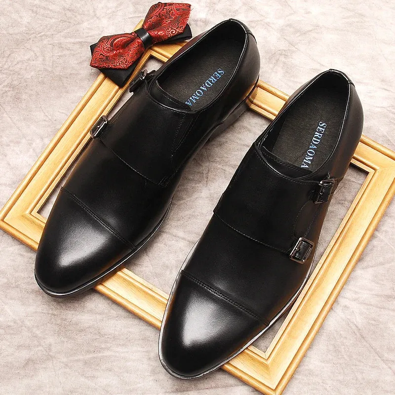 Luxury Men Loafers Shoes Slip On Double Monk Strap Burgundy Black Men Dress Genuine Leather Shoes Wedding Men Casual Oxford Shoe