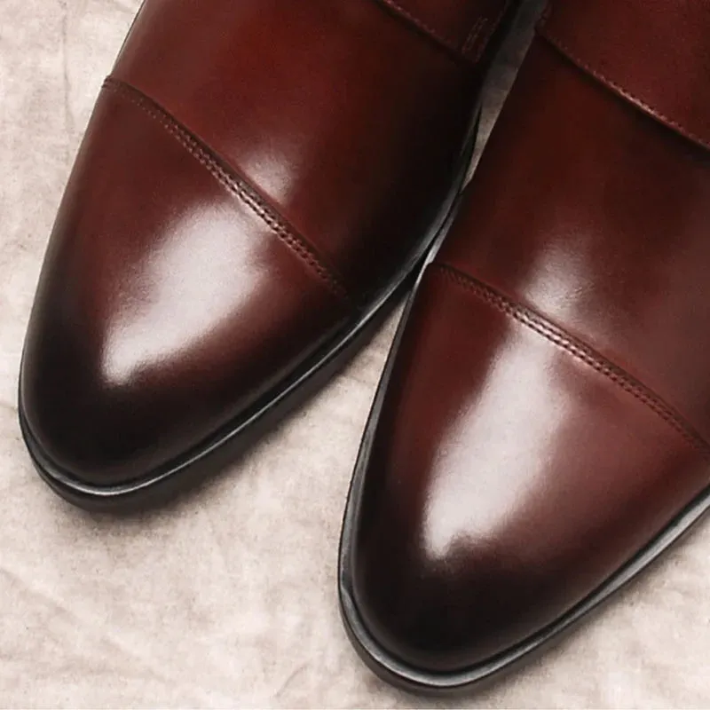 Luxury Men Loafers Shoes Slip On Double Monk Strap Burgundy Black Men Dress Genuine Leather Shoes Wedding Men Casual Oxford Shoe