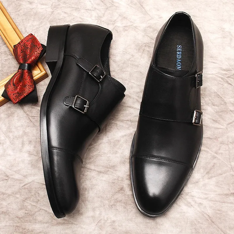 Luxury Men Loafers Shoes Slip On Double Monk Strap Burgundy Black Men Dress Genuine Leather Shoes Wedding Men Casual Oxford Shoe