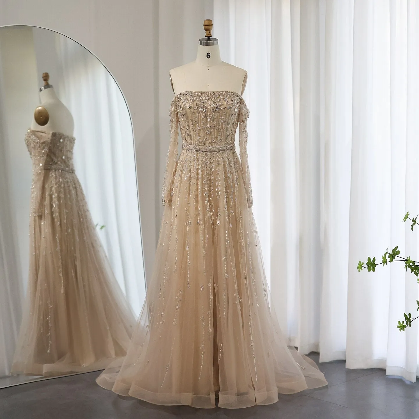 Luxury Nude Off Shoulder Long Sleeves Evening Dress SS489