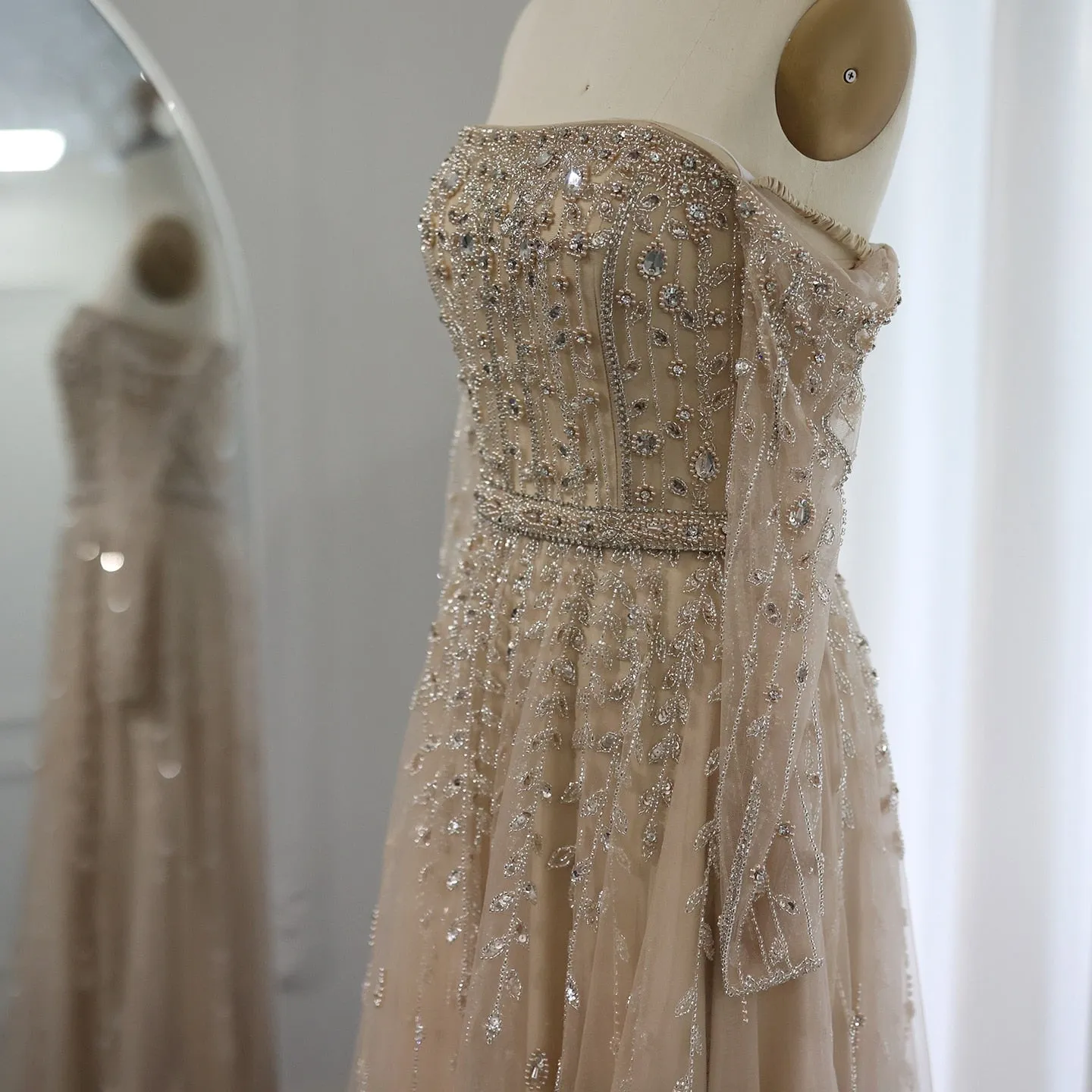 Luxury Nude Off Shoulder Long Sleeves Evening Dress SS489