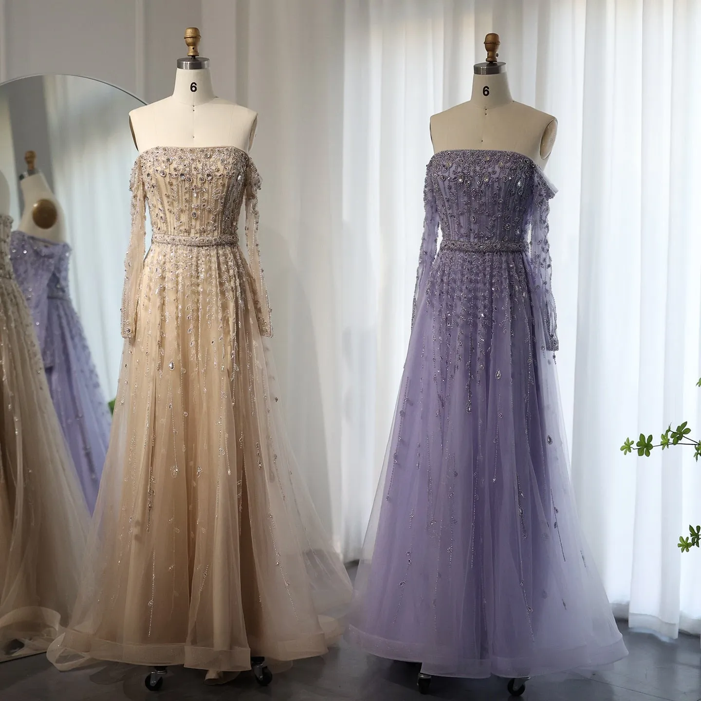 Luxury Nude Off Shoulder Long Sleeves Evening Dress SS489