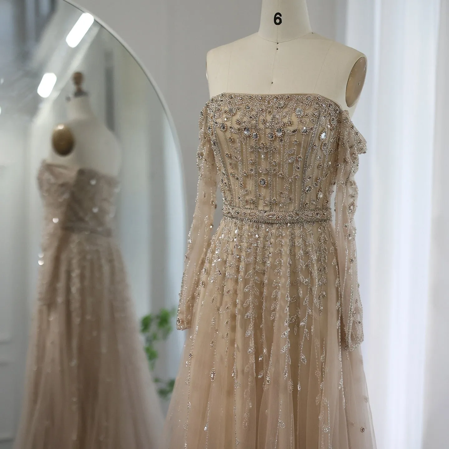 Luxury Nude Off Shoulder Long Sleeves Evening Dress SS489