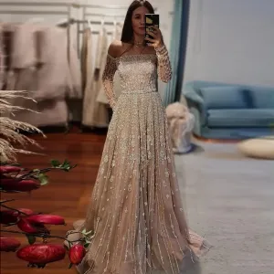 Luxury Nude Off Shoulder Long Sleeves Evening Dress SS489