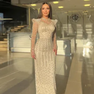 Luxury Pearls Beige Long Sleeves Evening Dress SS426