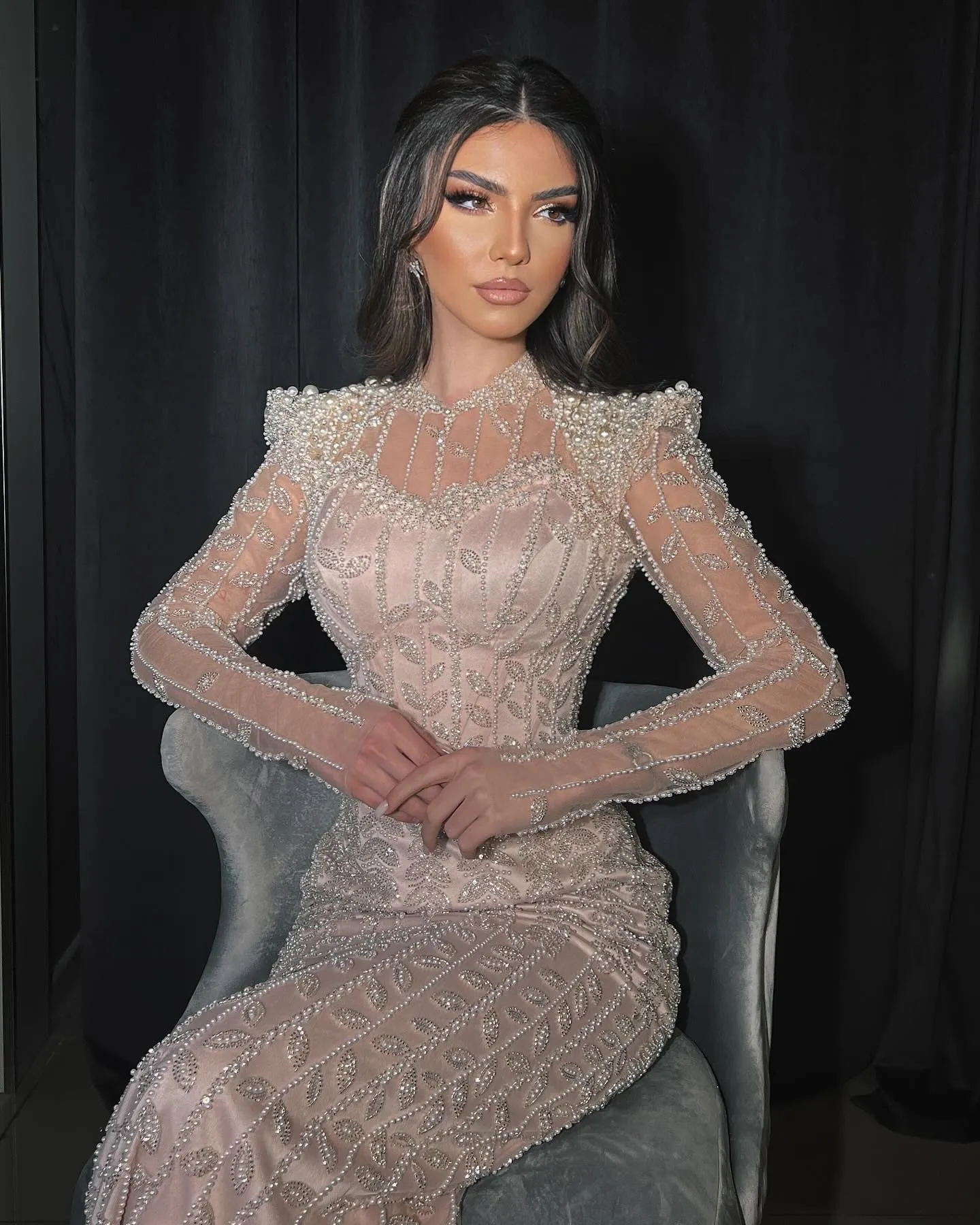 Luxury Pearls Beige Long Sleeves Evening Dress SS426