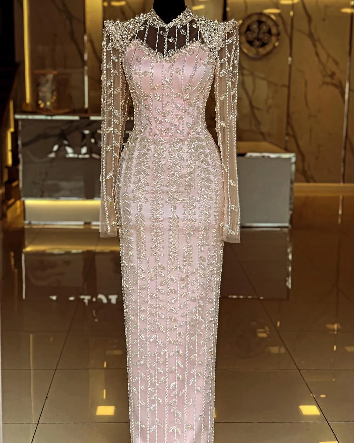 Luxury Pearls Beige Long Sleeves Evening Dress SS426