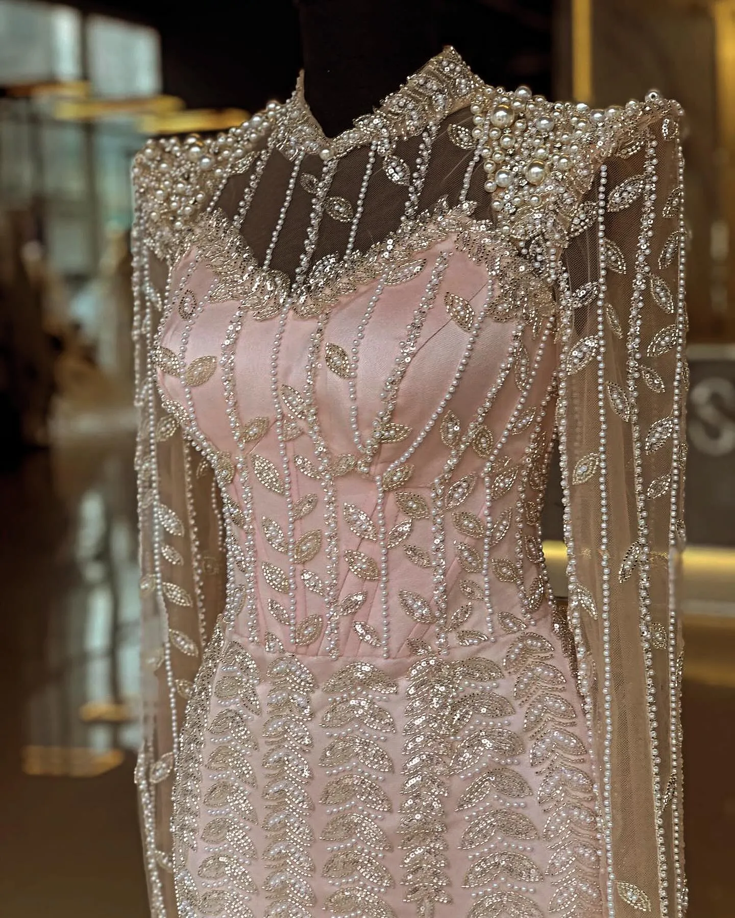 Luxury Pearls Beige Long Sleeves Evening Dress SS426