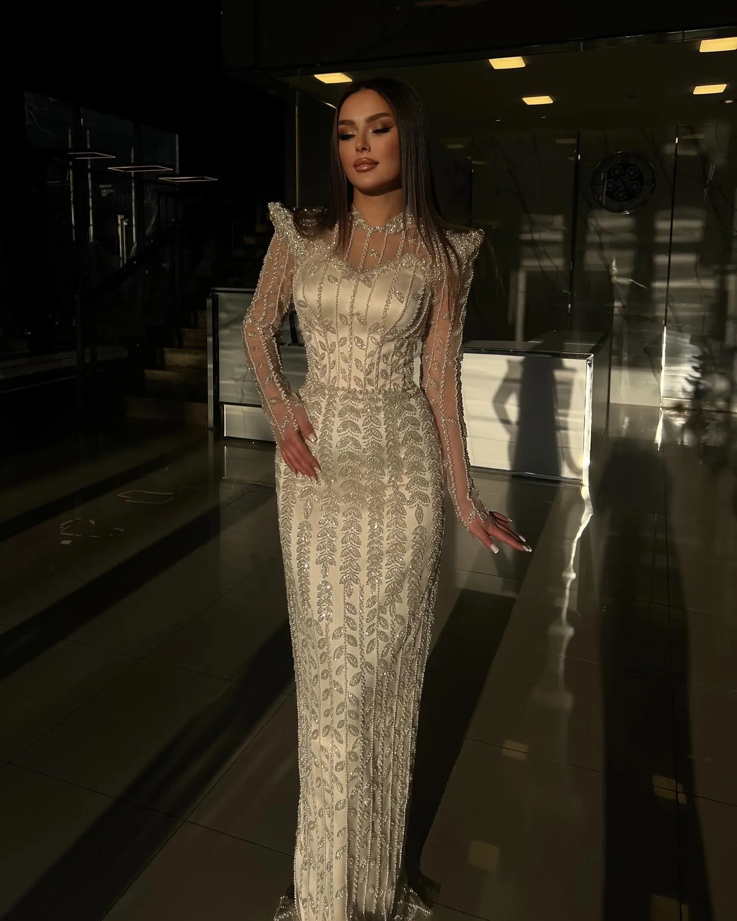Luxury Pearls Beige Long Sleeves Evening Dress SS426