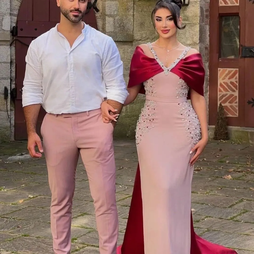 Luxury Pink Mermaid Evening Dress with Burgundy Cape SS446