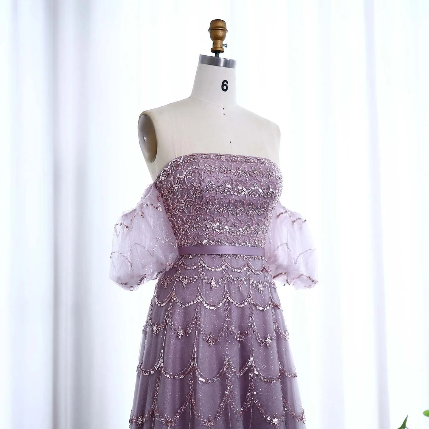 Luxury Strapless Puff Sleeves Pink Evening Dress SS037