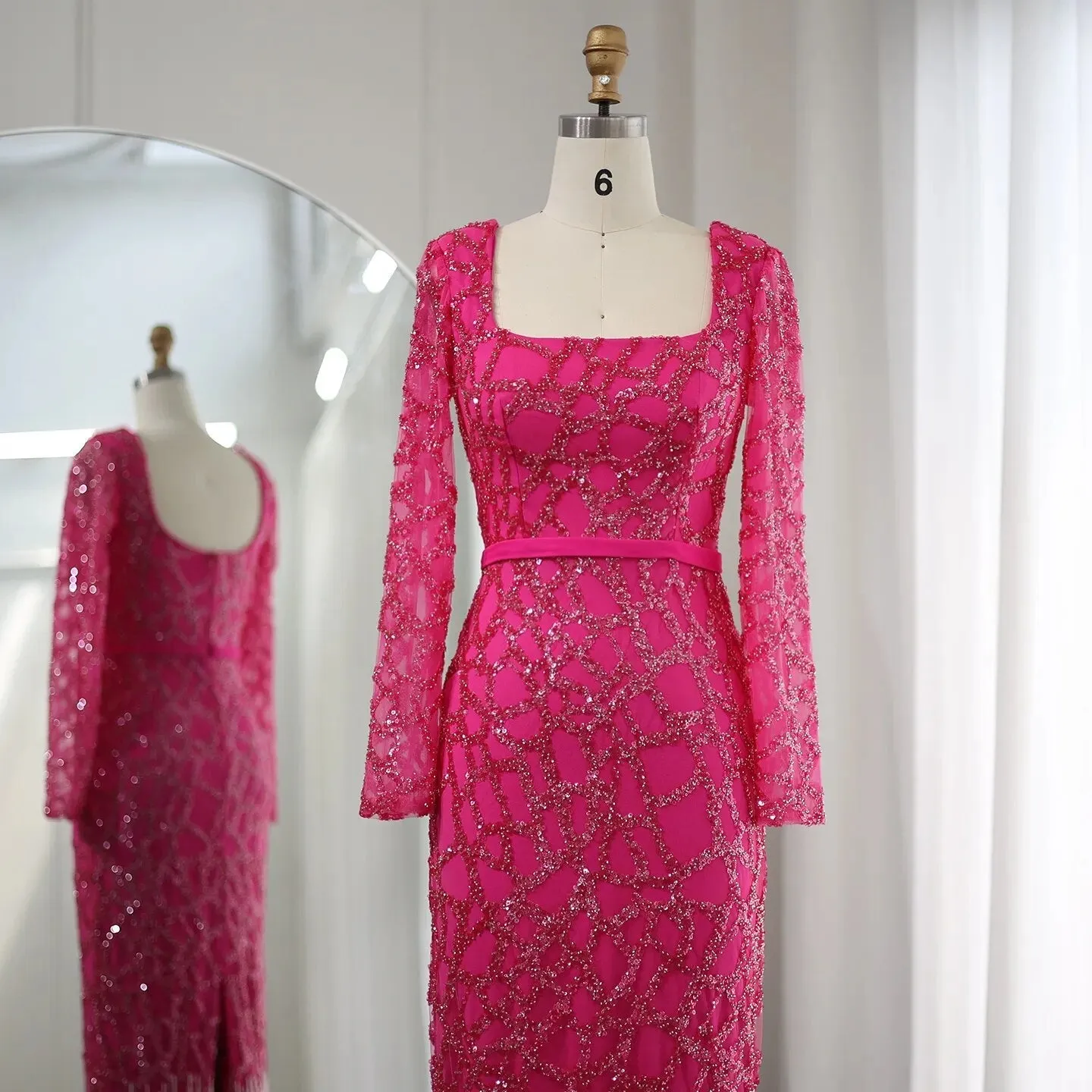 Luxury Tassel Fuchsia Long Sleeve Evening Dress SS347