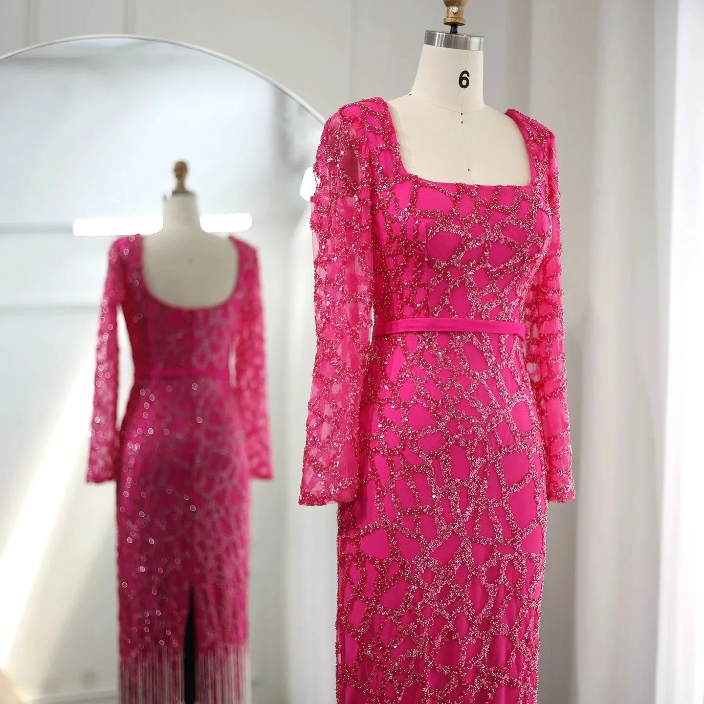Luxury Tassel Fuchsia Long Sleeve Evening Dress SS347