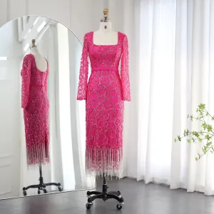 Luxury Tassel Fuchsia Long Sleeve Evening Dress SS347
