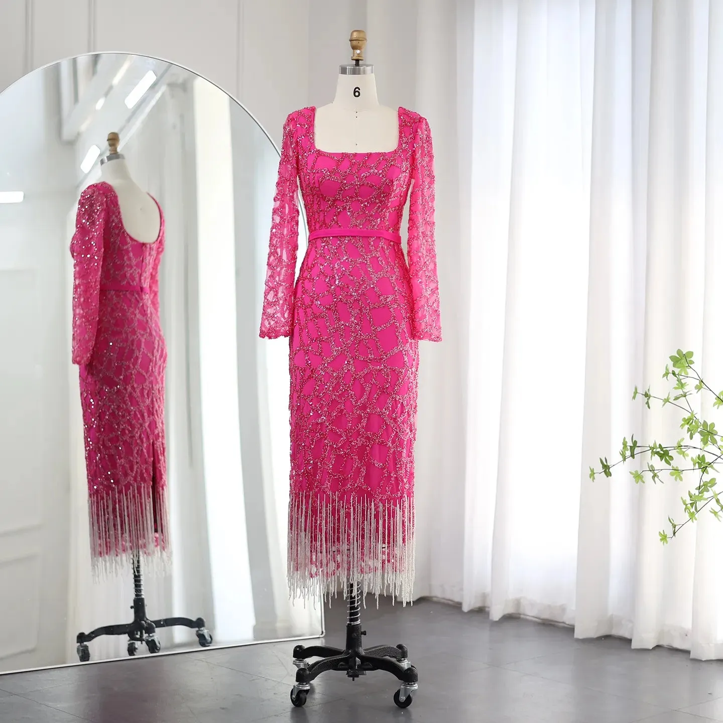 Luxury Tassel Fuchsia Long Sleeve Evening Dress SS347