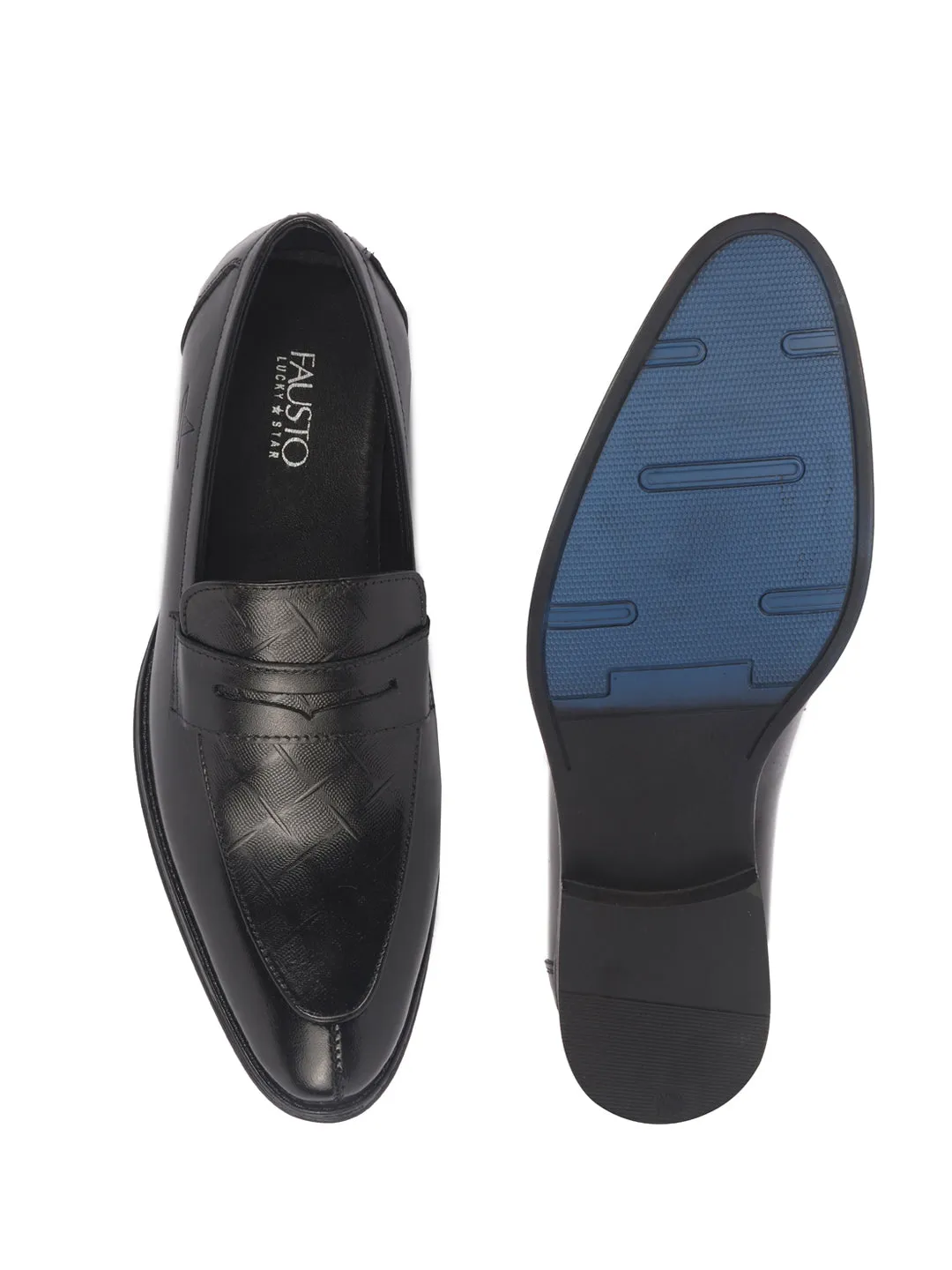 Men Black Genuine Leather Formal Textured Slip On Shoes for Office Meetings|All Day Long Comfort With Soft Cushioned