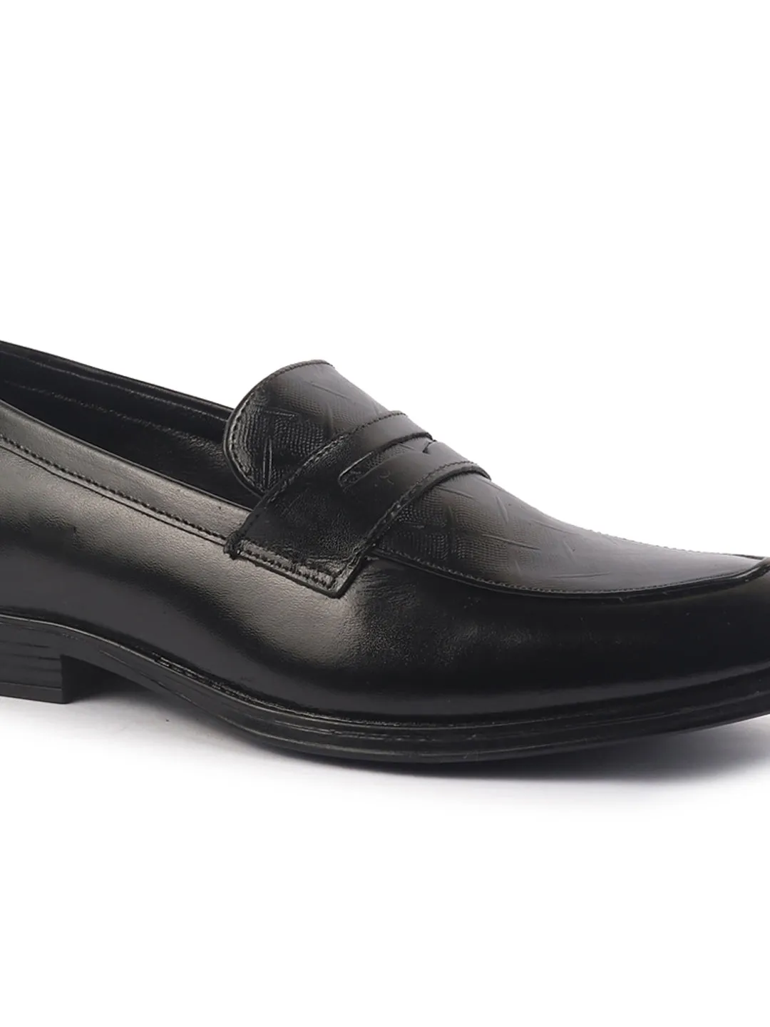 Men Black Genuine Leather Formal Textured Slip On Shoes for Office Meetings|All Day Long Comfort With Soft Cushioned