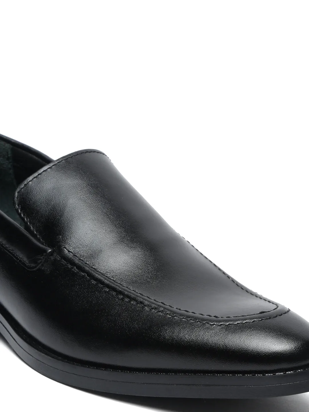Men Black Solid Leather Formal Slip-On