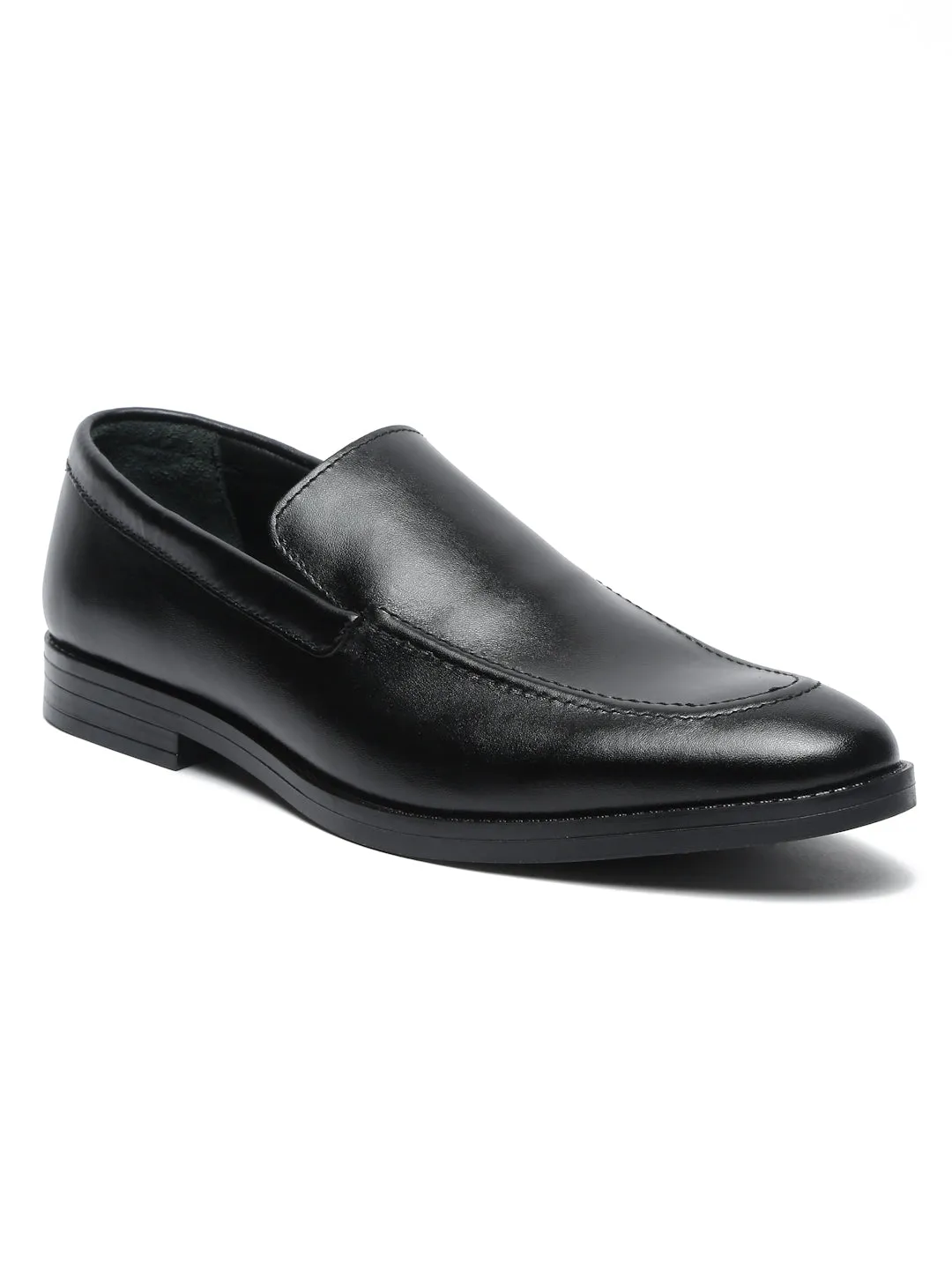 Men Black Solid Leather Formal Slip-On