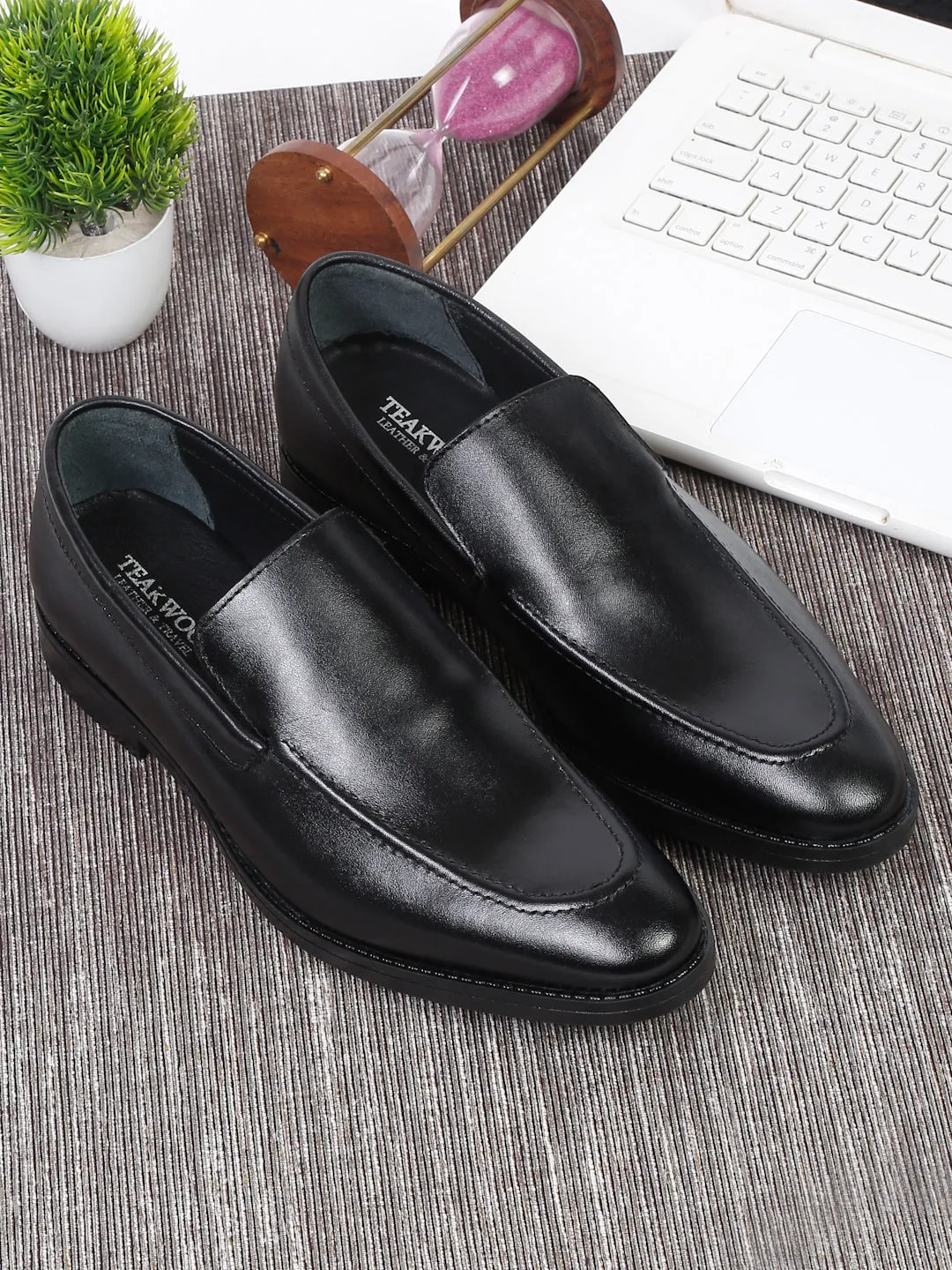 Men Black Solid Leather Formal Slip-On