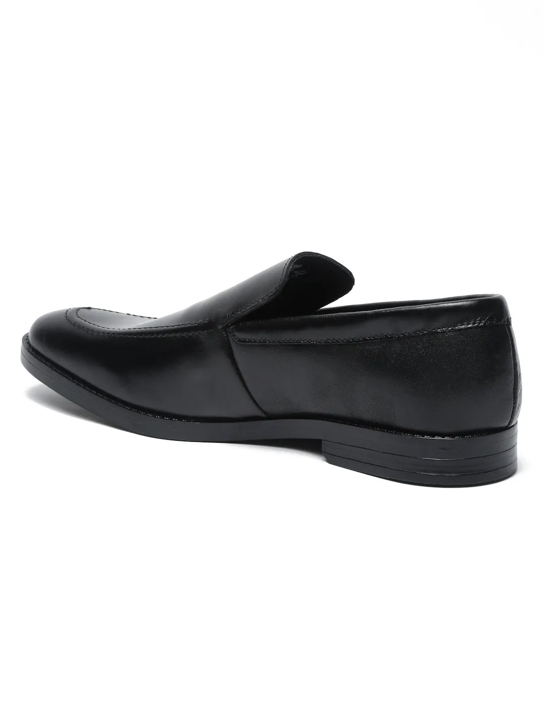 Men Black Solid Leather Formal Slip-On
