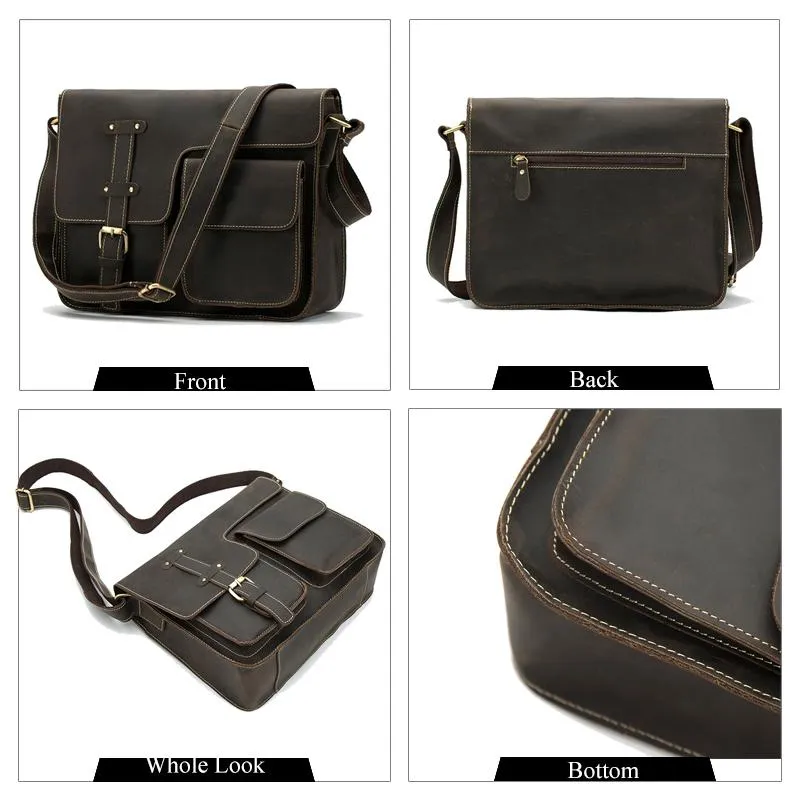 Men Shoulder Cross-body Messenger Leather Bag with Belt-Buckle Design