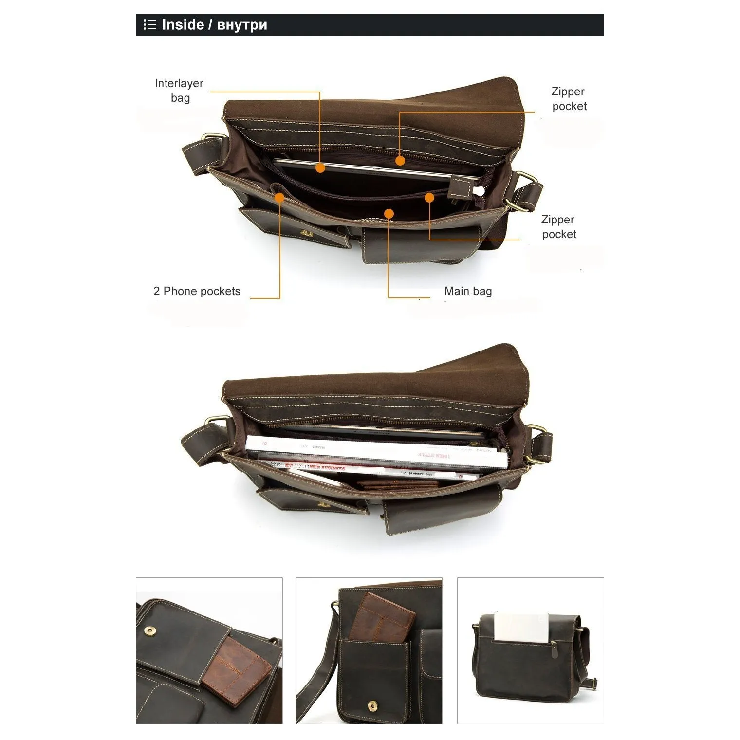 Men Shoulder Cross-body Messenger Leather Bag with Belt-Buckle Design