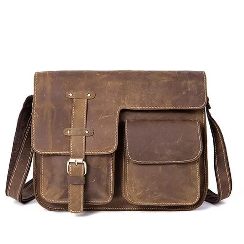 Men Shoulder Cross-body Messenger Leather Bag with Belt-Buckle Design